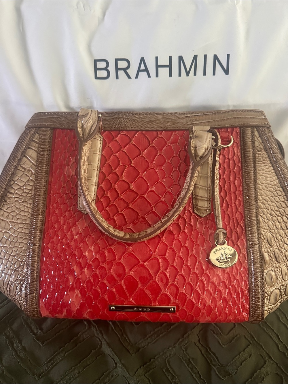 Brahmin Red and Taupe Textured Darcy-Style Satchel